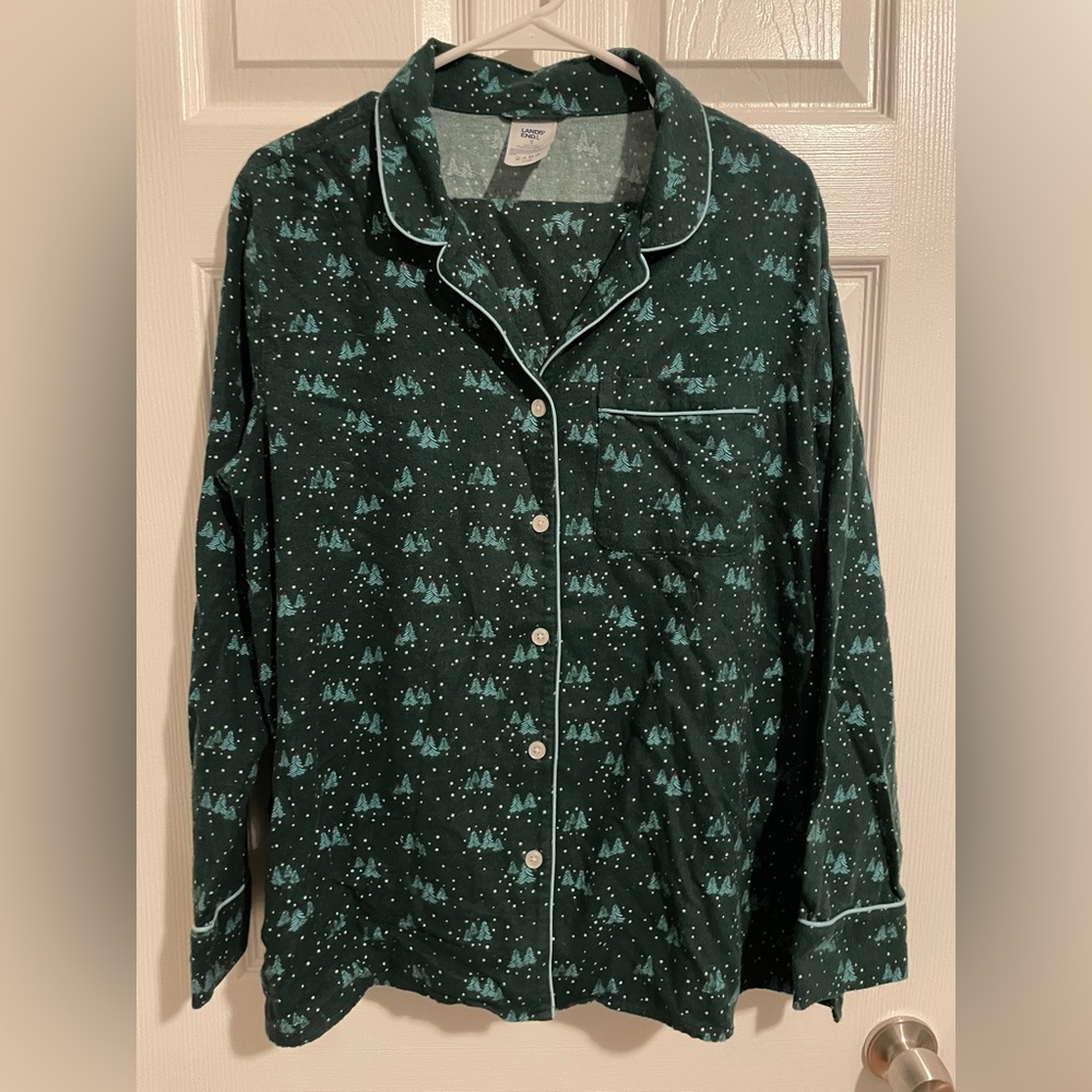 SOLD Lands' End Forest Green Pajama Top & Bottom Set with White Details